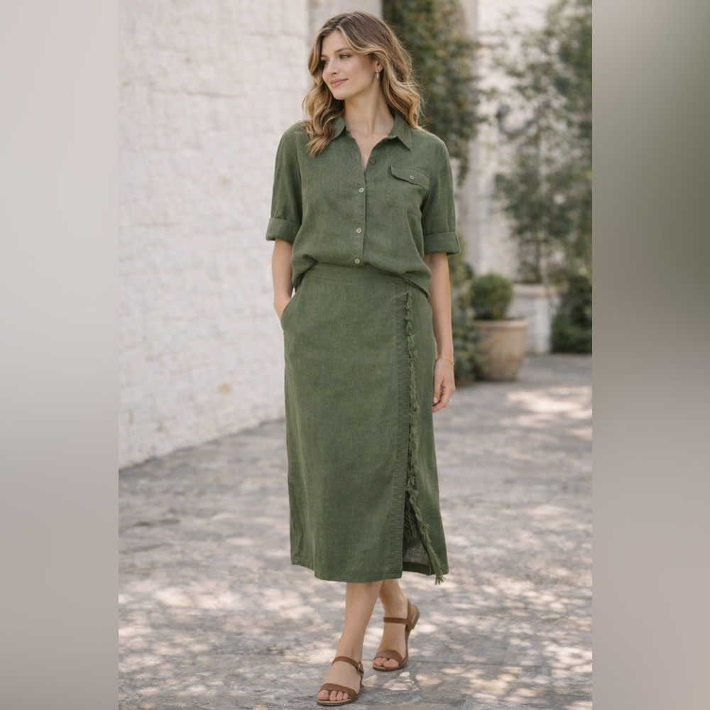 Olive Green Linen Blend 2 Piece Set Button Top Midi Skirt Size 12